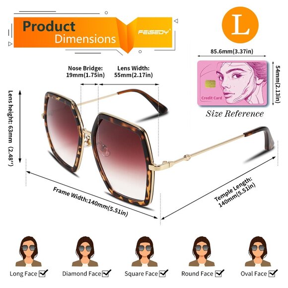 FEISEDY Women Sunglasses Large Leopard Print Plastic Geometric Style Frames - Picture 4 of 6